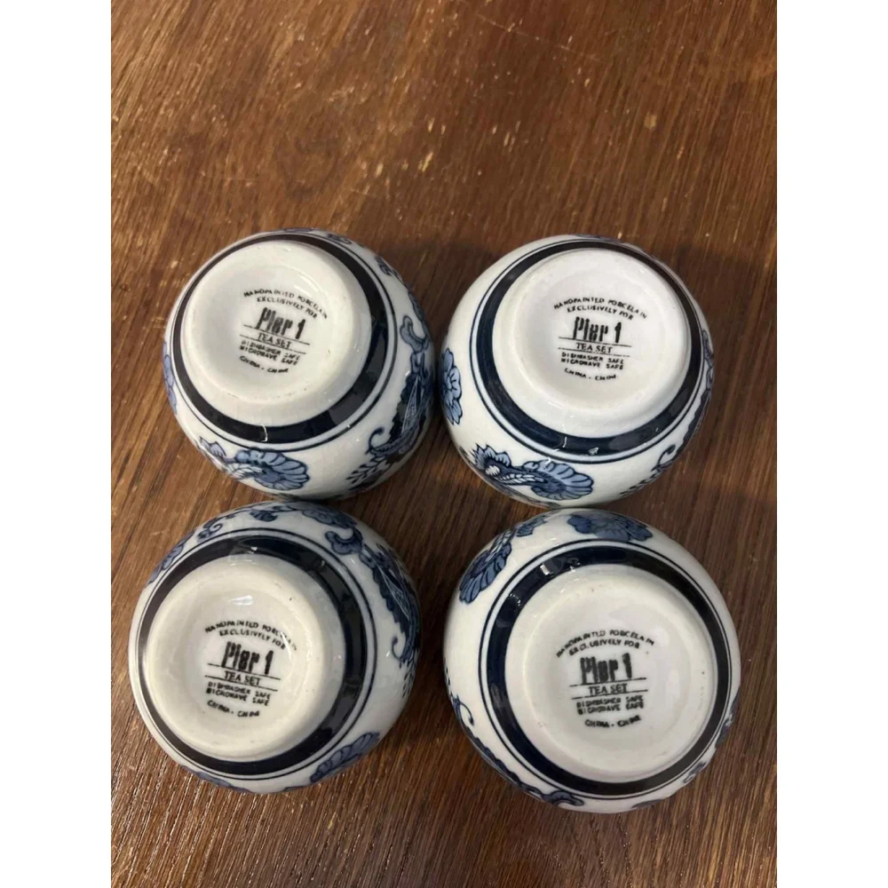 Pier 1 Imports Hand Painted Porcelain Tea Cups Set X4 Blue White Floral Asian